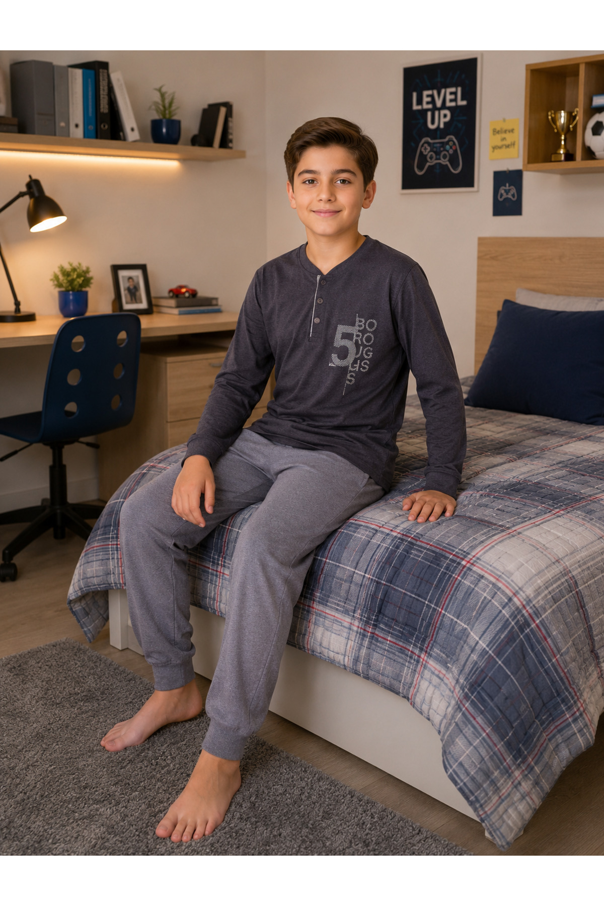 Erkek Çocuk %100 Doğal Pamuk Manşet Paça Uzun Kollu Pijama Takımı — LACIVERT