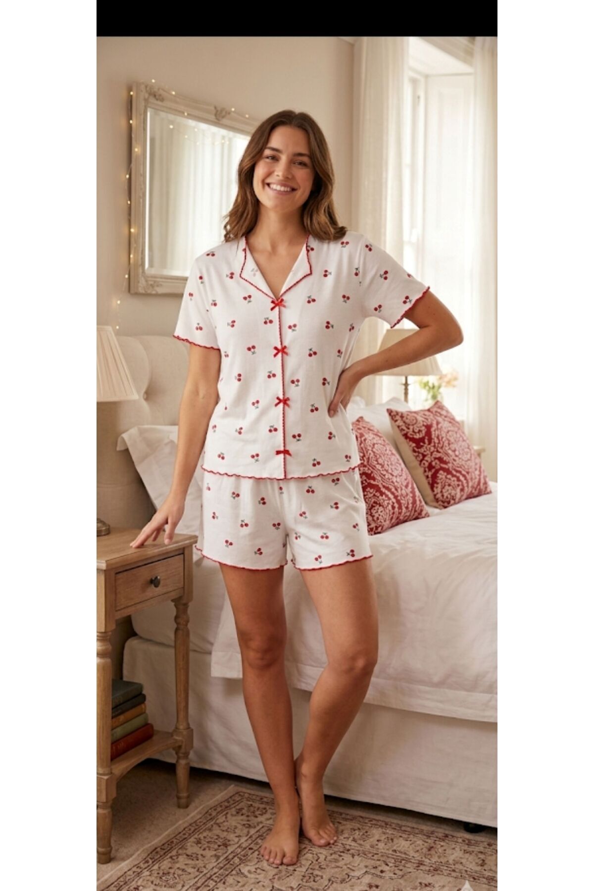 Kadın Kısa Kollu Şortlu Alaçatı Yazlık Kaliteli Pijama Takımı — KIRAZLI